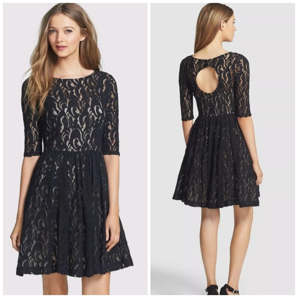 Plenty by Tracy Reese Dress Size 2 Fit Flare Black Lace Tan Lining Keyhole Back.